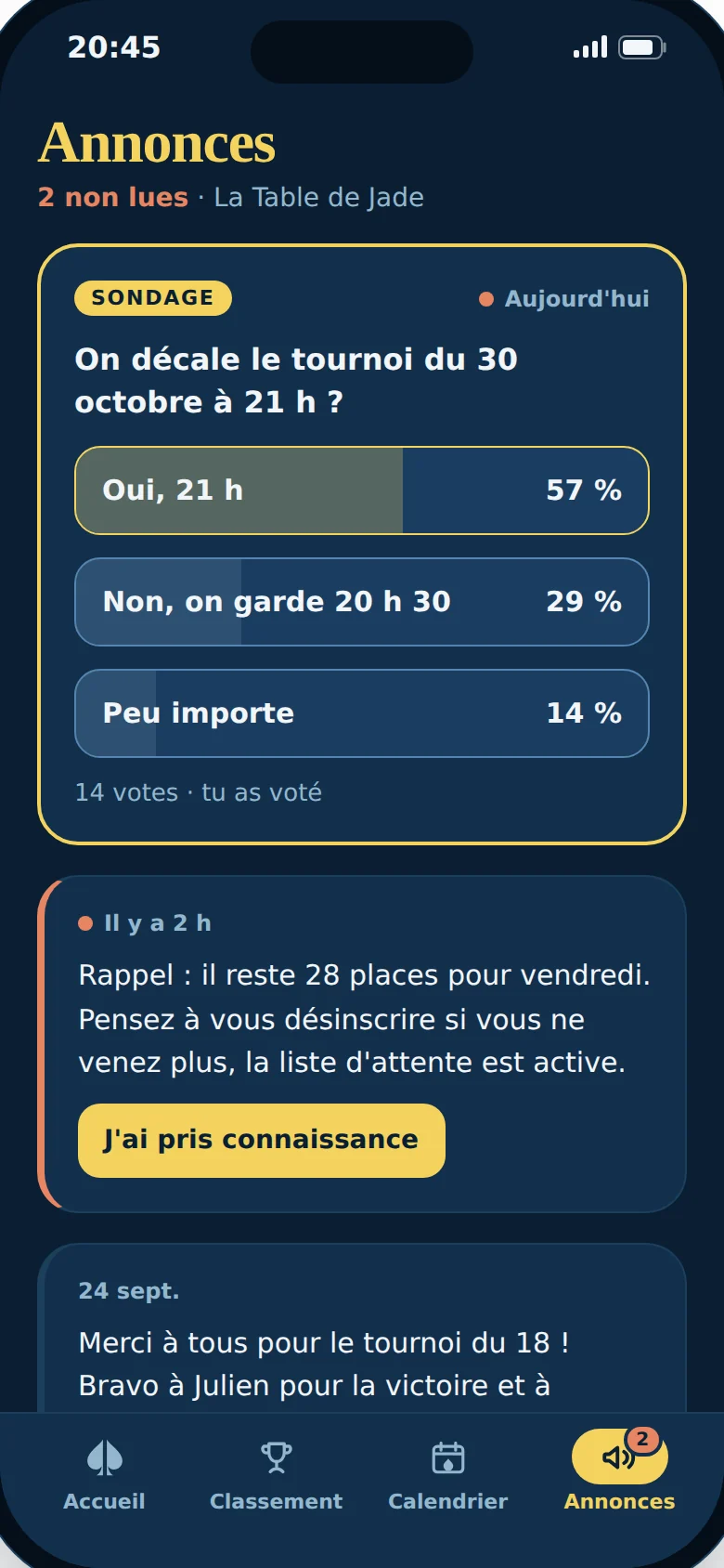 Annonces du club dans l'application MyPokerLobby