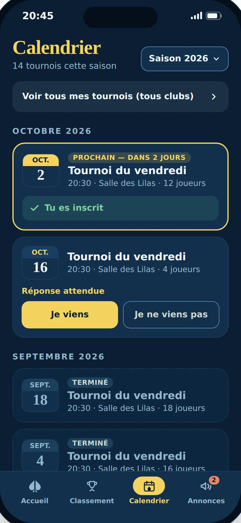 Calendrier des tournois dans l'application MyPokerLobby